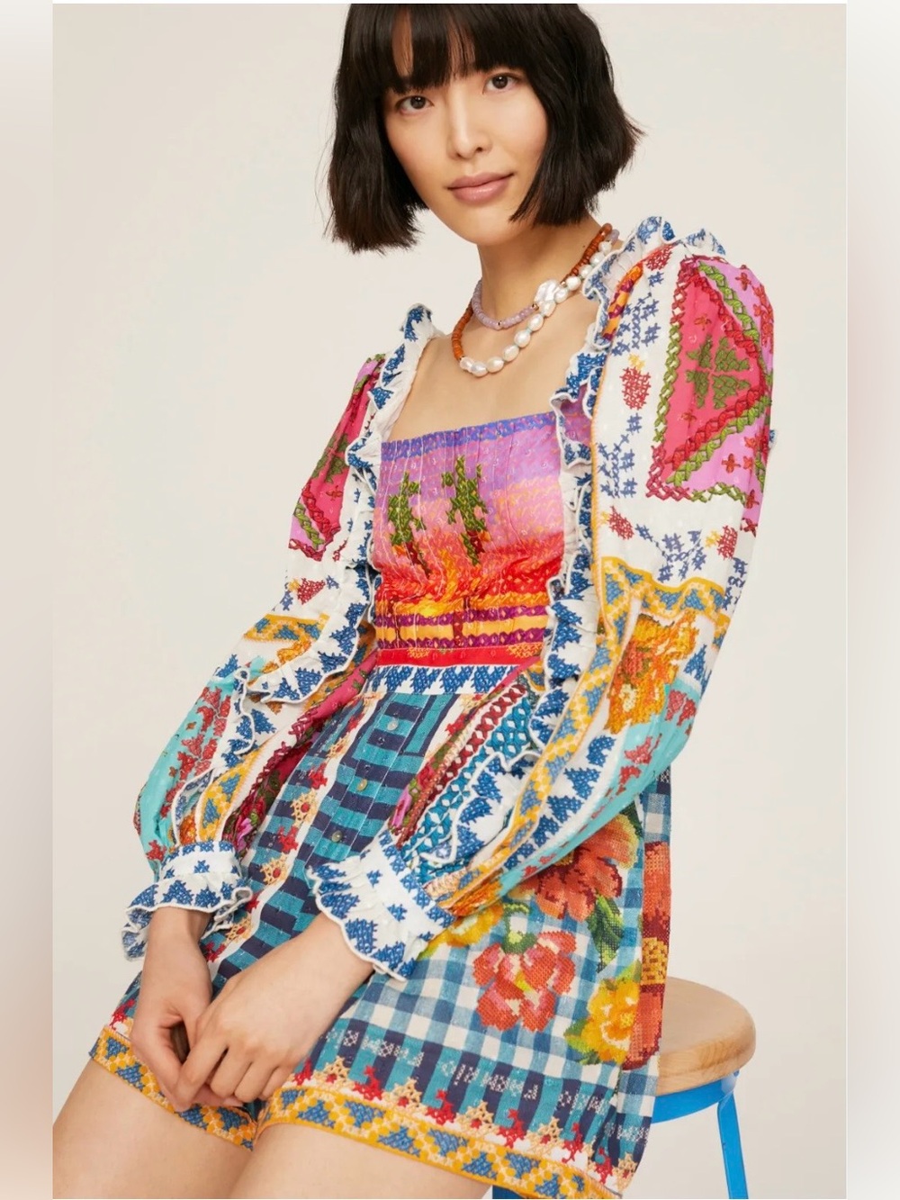 Summer Vibe Romper Large Multicolor Printed Long Puff-Sleeve Square Neckline
